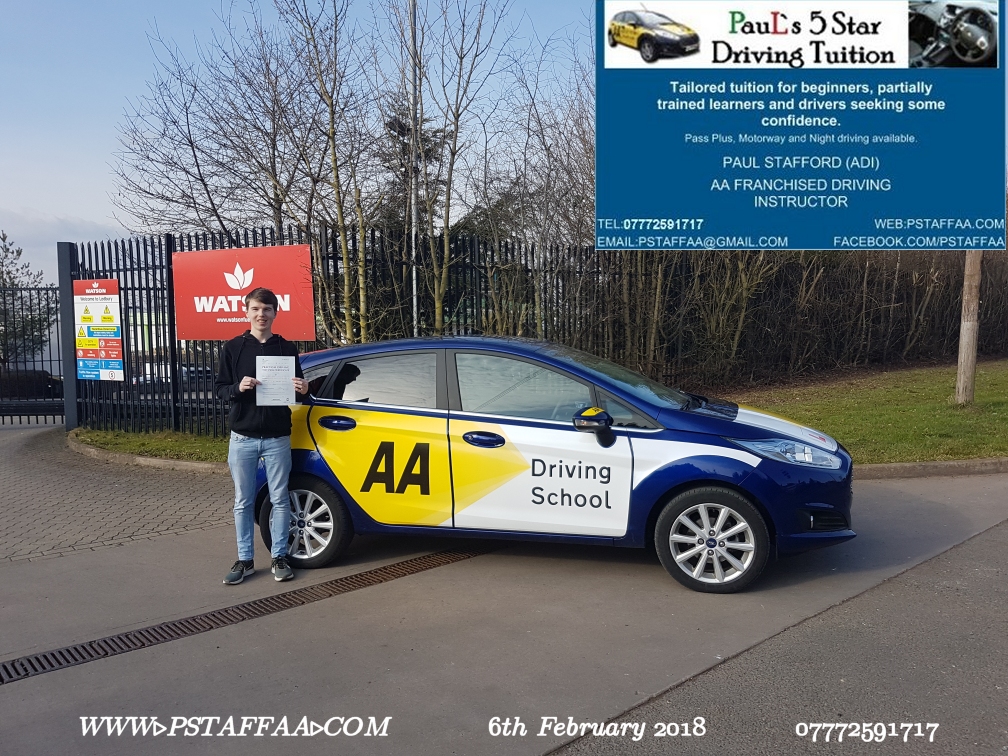First time Test Pass Pupil Jamie Halford with Paul's 5 star driving tuition in hereford 12th January 2018